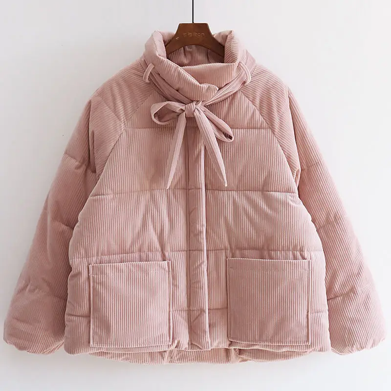 Corduroy Down Jacket Women Winter Warm Stand Collar Padding Parkas Female Korean Fashion Sweet Bow Bandage Zipper Outerwear