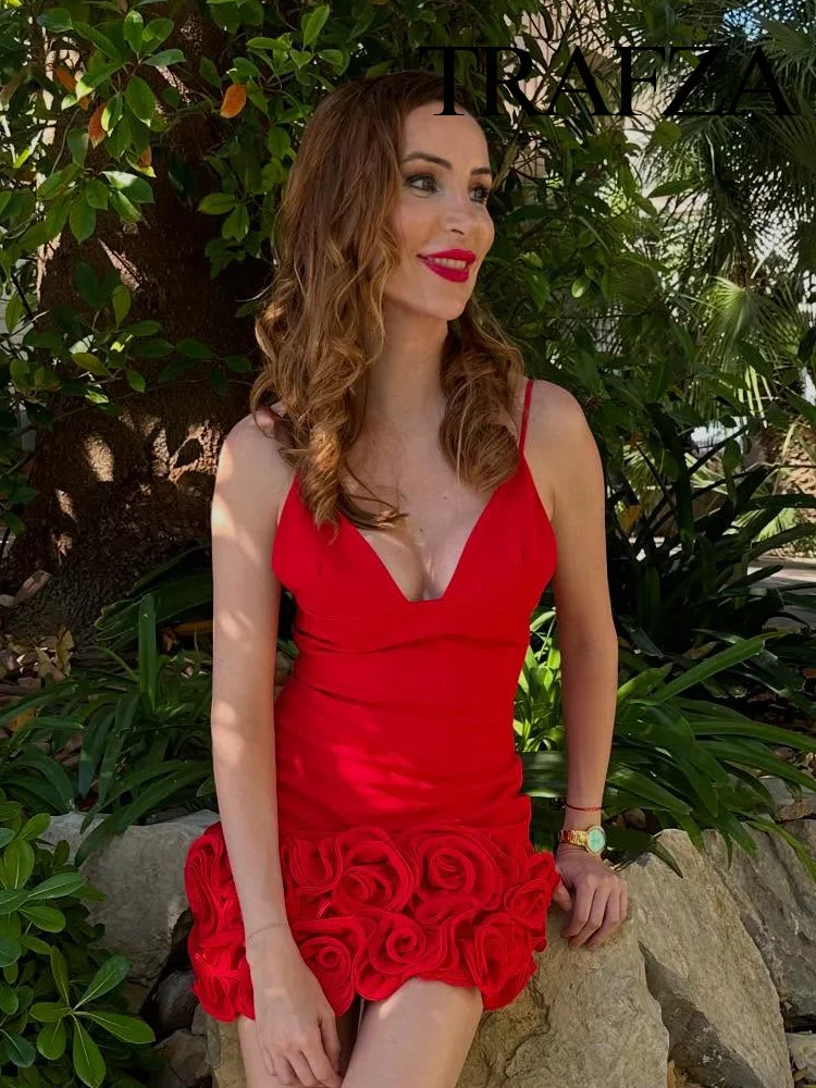 

TRAFZA Summer Women Fashion Sexy Slim V-neck Convex Flower Design Sling Dress Female Elegant Zipper Sleeveless Mini Dress Mujer