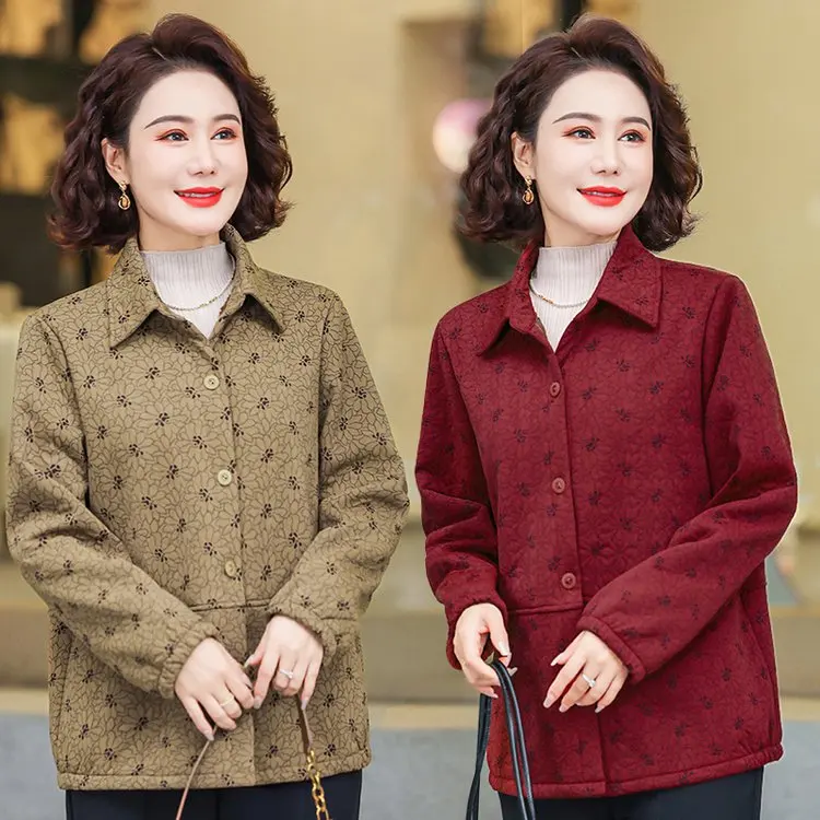

Floral Print Long Sve irt Collared Jaet for 50-60 Year Old Women Autumn Fce Lined Casual Sle Women's Outerwear