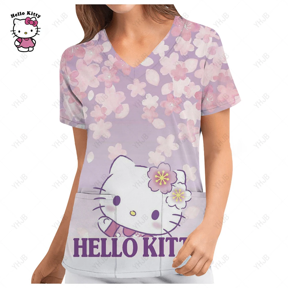 Uniforme de enfermera para mujer, manga corta, nuevo uniforme de trabajo de Hello Kitty, blusa de bolsillo, Tops, uniformes médicos de enfermería, 2025