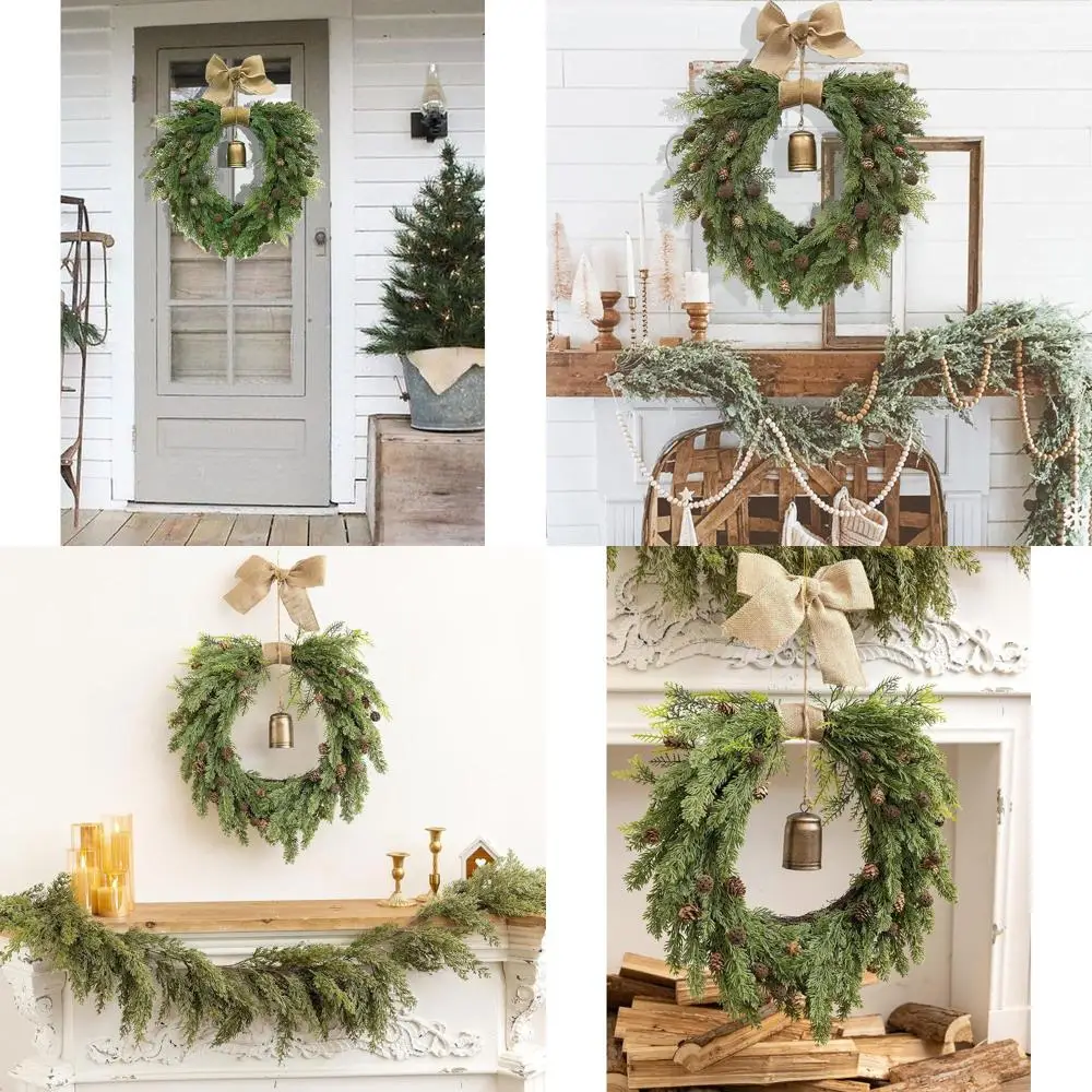 

Венок кипарис, украшенный 21 колокольчиком, с бантом и шишками для рождественского декора на открытом воздухе/в помещении