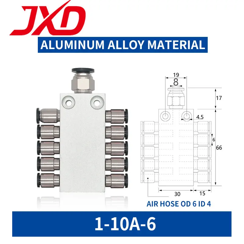 JXD 1 In 10 Out raccordo pneumatico connettore rapido tubo aria a 10 vie giunto distributore collettore vuoto