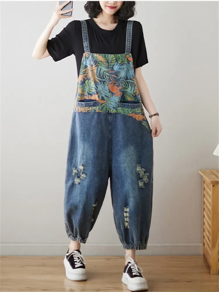 Fashionable Retro Printed Patchwork Distressed Jeans Jumpsuit Design Casual Versatile Harem Pants for Women 2024 Spring Autumn