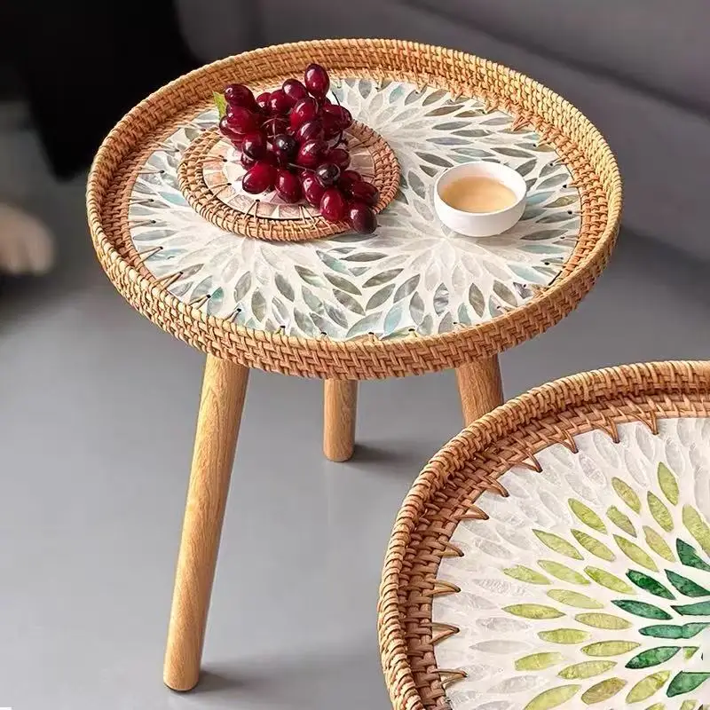 Round rattan side table with shell inlay - detachable legs, multifunctional coffee table, suitable for living rooms, bedrooms
