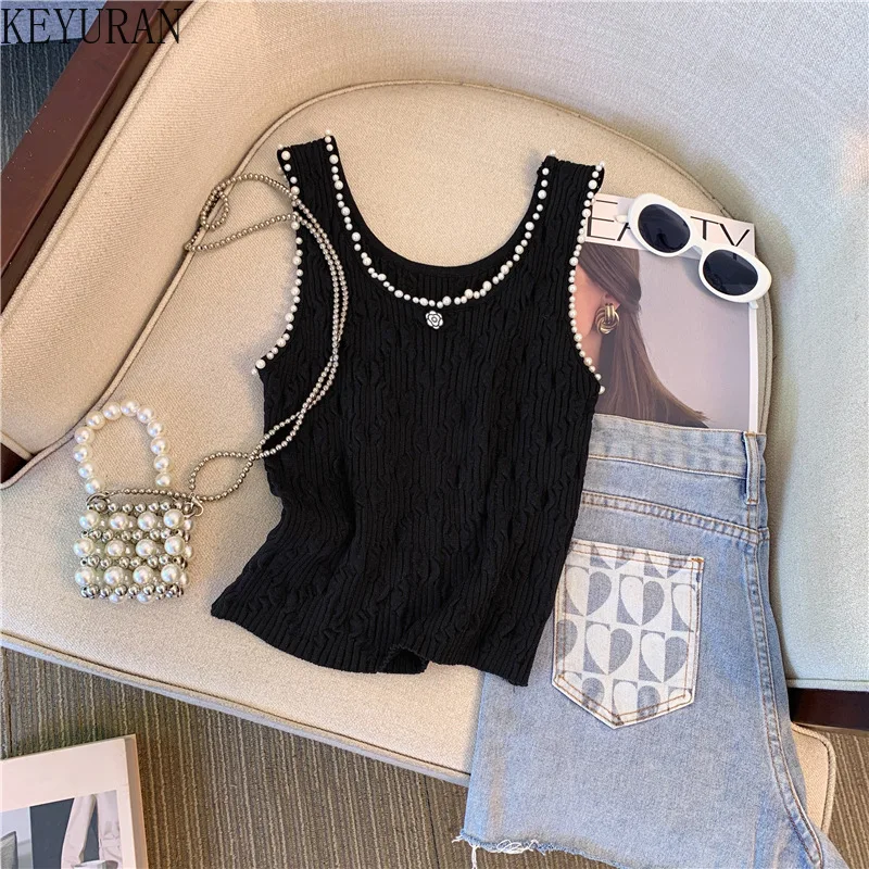 2024 Summer Pearl Beading Sleeveless Sweater Vests Women Pullover Slim Sexy Knit Tank Crop Tops Vintage Fashion Knitwear Jumper