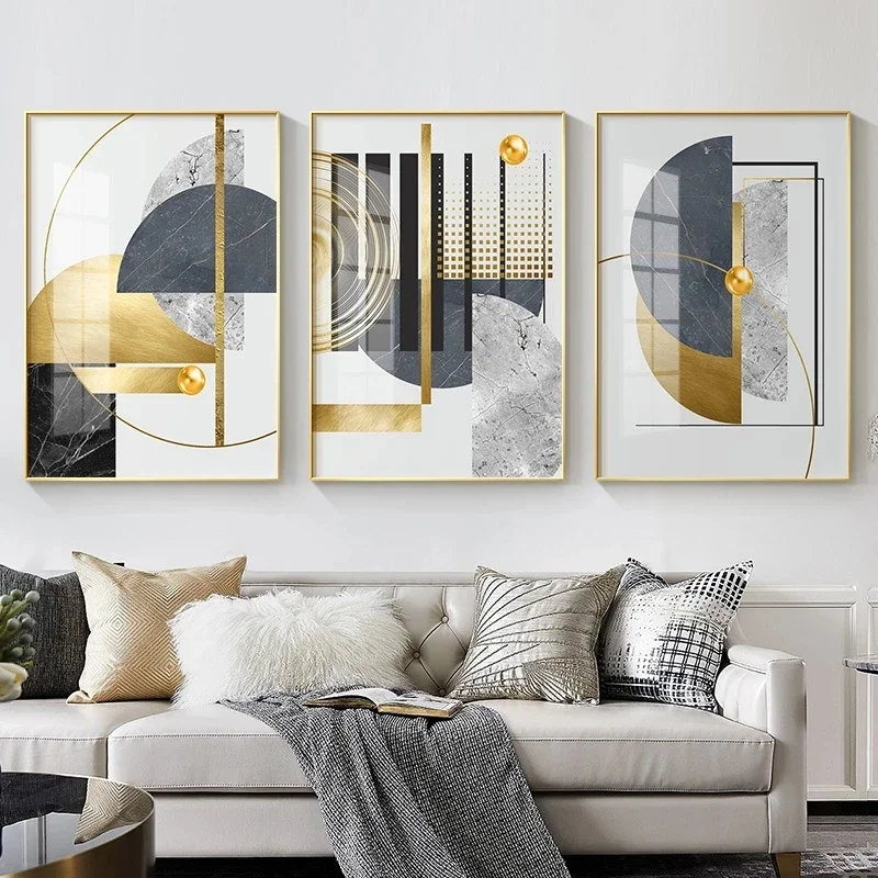Modern Golden Abstract Geometric Art Pattern Stitching Canvas Print Gold Foil Poster Wall Paintings for Living Room Home Deco