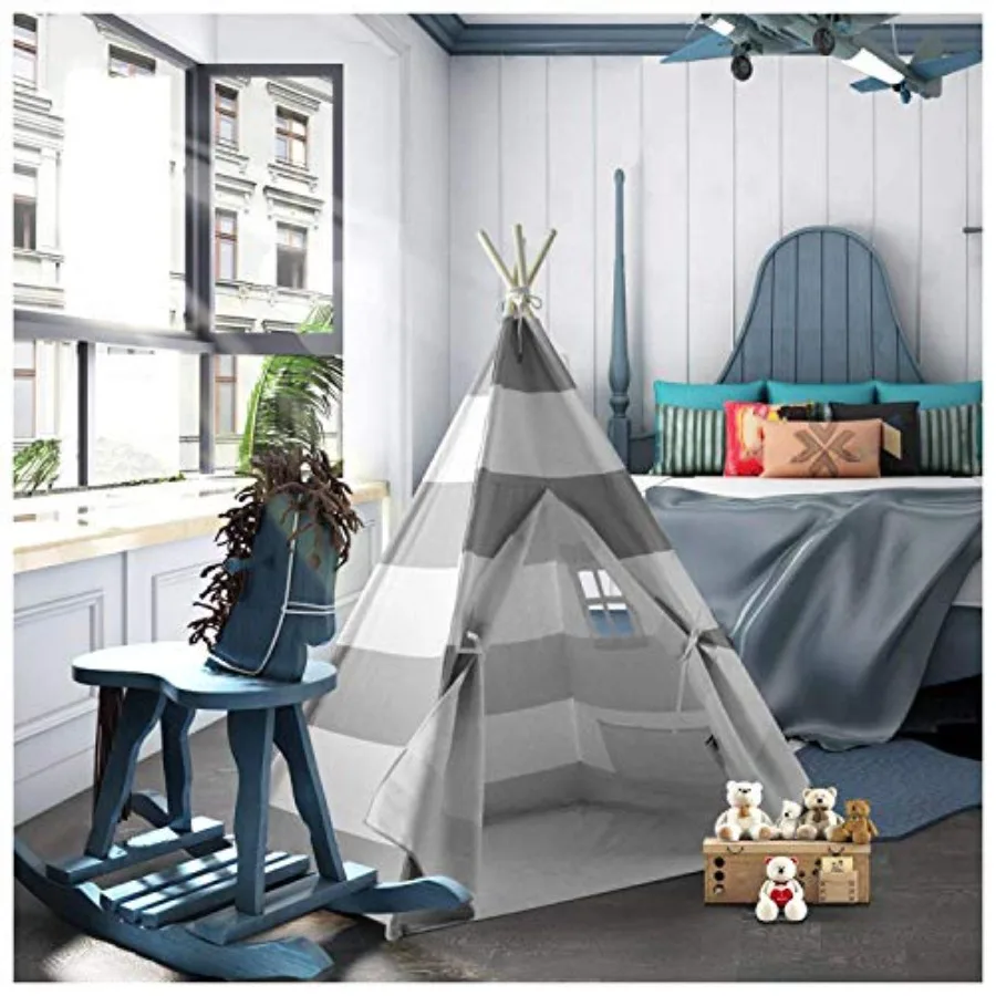 

Indoor Play Tent for Boys Grey Stripe Foldable Teepee Tent for Nursery Decor Birthday Gift