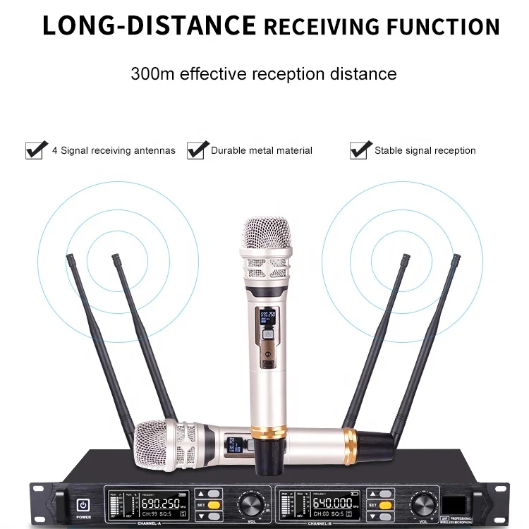 Xtuga-T-24 de cuatro antenas, 300m de distancia efectiva, UHF, canales duales, micrófono inalámbrico para escenario de Karaoke