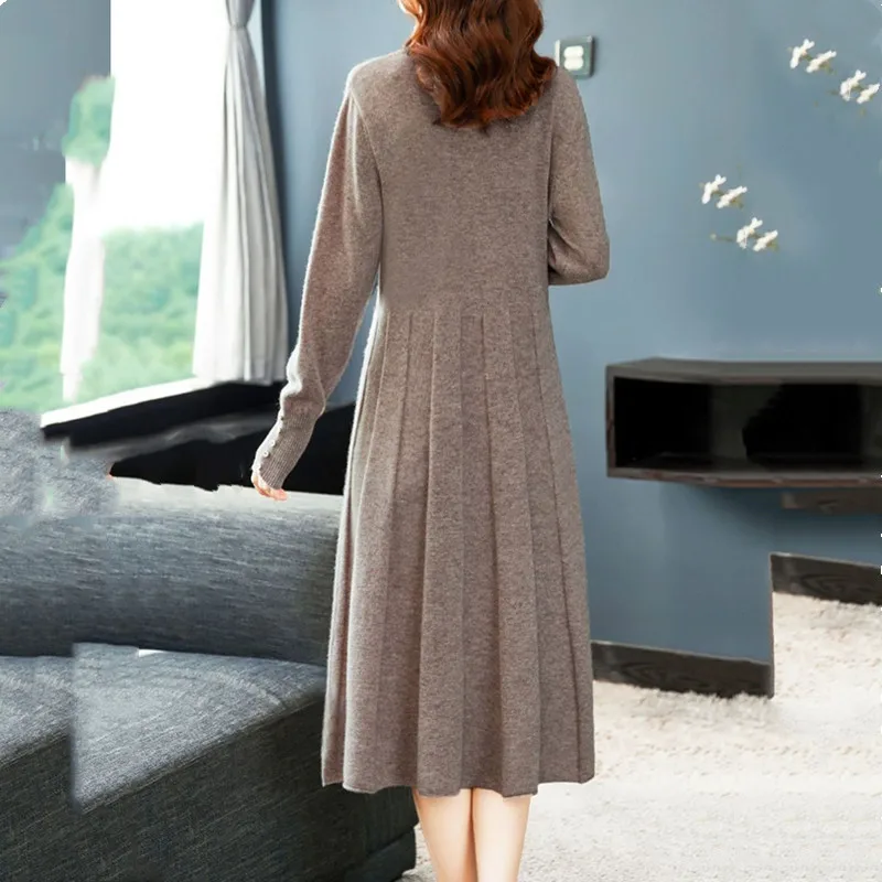 Women Autumn Winter Oversize Knitting Dress 2024 New Office Lady Fungus Edge Turtleneck Solid Female Long Sweater Dresses