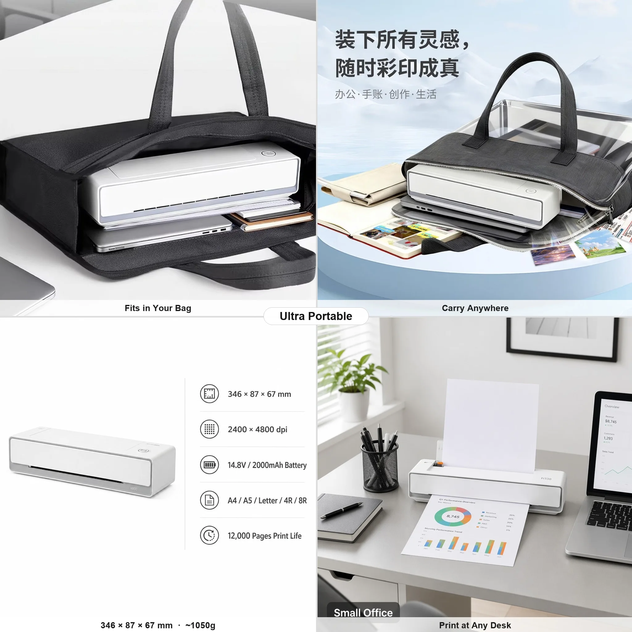 STROVAN Multi-Size Paper Portable Color Inkjet Printer Ultra-Light Compact for Business Travel Work