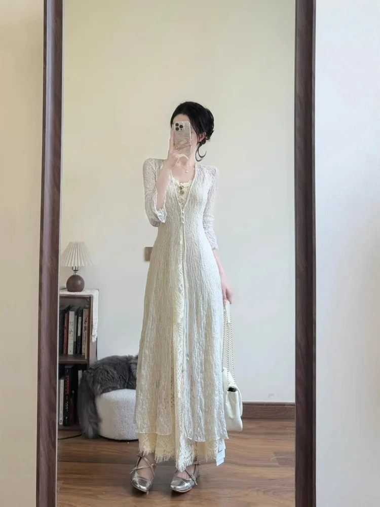 

Модный кружевной комплект-накидка для женщин: летнее платье с длинным рукавом и V-образным вырезом для защиты от солнца, элегантный и нежный стиль, уникальный дизайн