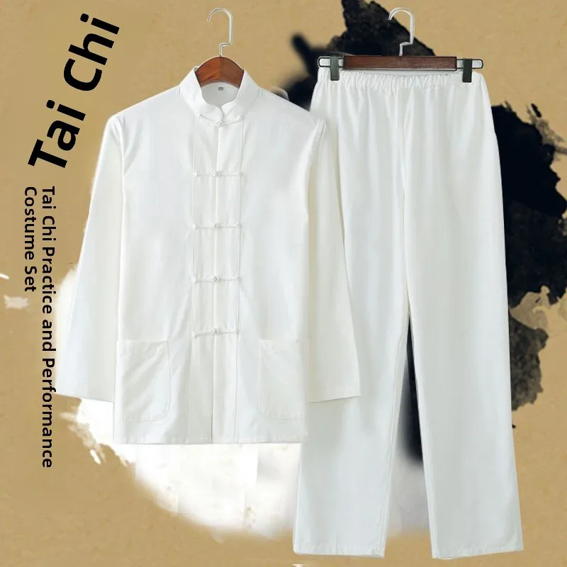 

Мужской длинный костюм Све Тай Чи, традиционный китайский костюм, большой размер, двойной комплект, хлопок, 00% Four Seasons, универсальный повседневный костюм...