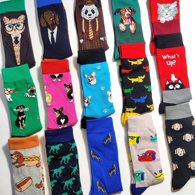 Calcetines de algodón con tema de perro y gato de dibujos animados de 58 estilos, novedad, divertidos calcetines largos grandes de tendencia Hip Hop para monopatín callejero