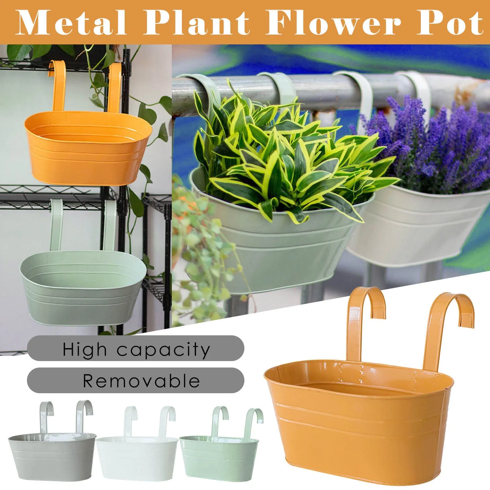 Home Oval Metal Plant Flower Pot Fence Balcony Garden Hanging Planter Pots Solid Colored Sturdy Plastic Hanging Flower Pot