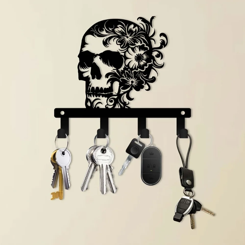 CIFBUY Metal Skull Key Holder Wall Hook Floral Iron Art for Entryway Office Kitchen Bathroom Porch Decor 5.9 Inch