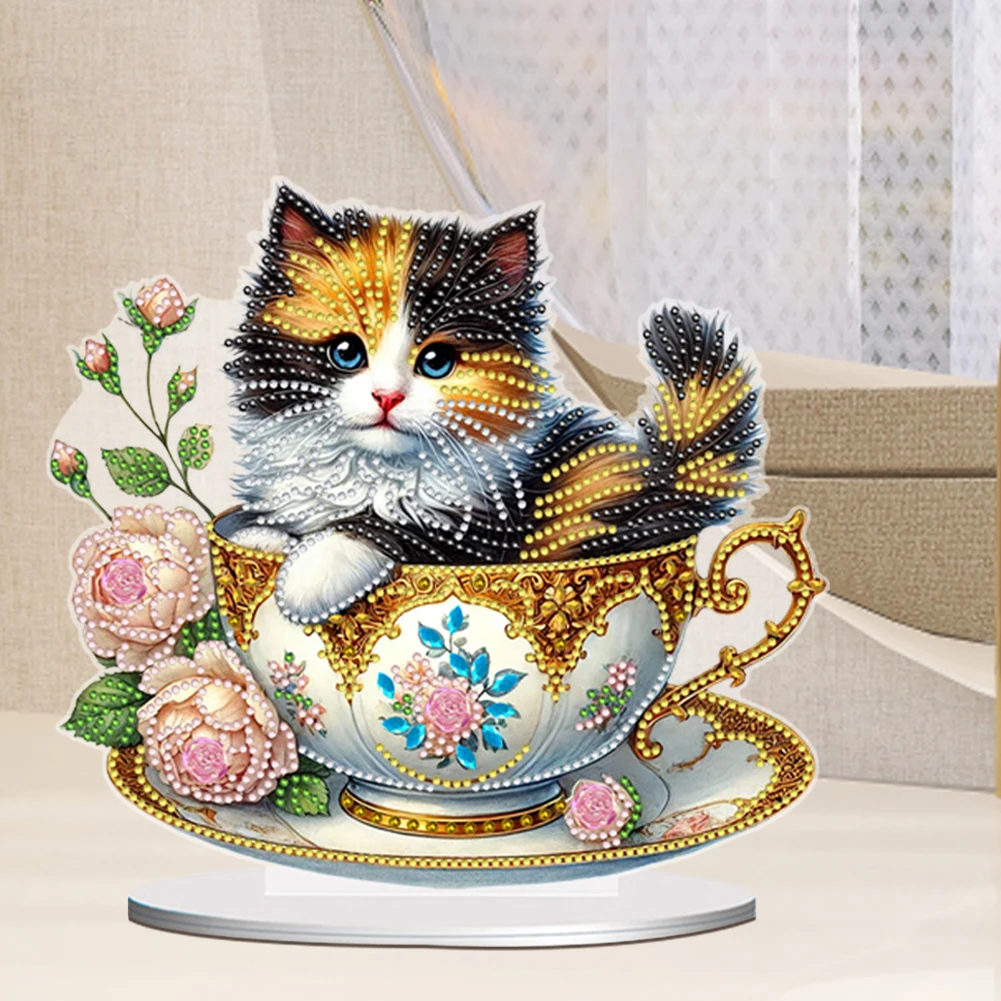 

2D Flat Teacup Cat DIY Diamond Painting Tabletop Ornaments Kit Desktop Diamond Art Kits 5D DIY Diamond Art Tabletop Decorations