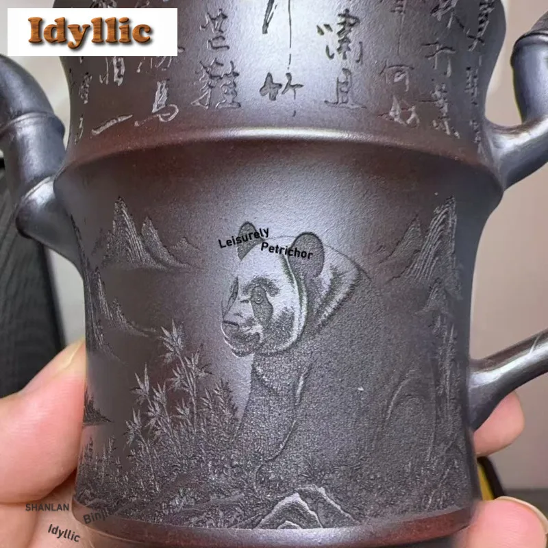 220ml Yixing Purple Clay Teapots Handmade High Bamboo Section Pot Raw Ore Antique Brass Mud Tea Brewing Kettle Zisha Tea Set