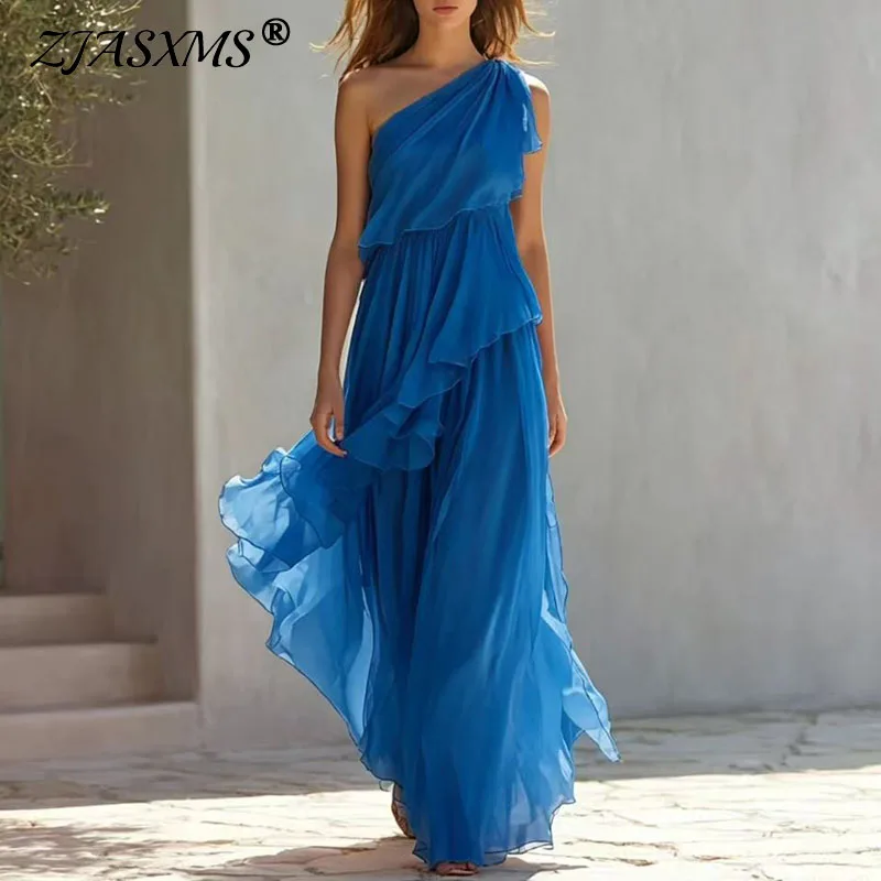 Robe longue élégante asymétrique à volants étagés pour femme, idéale pour soirée, demoiselle d'honneur ou invitée de mariage