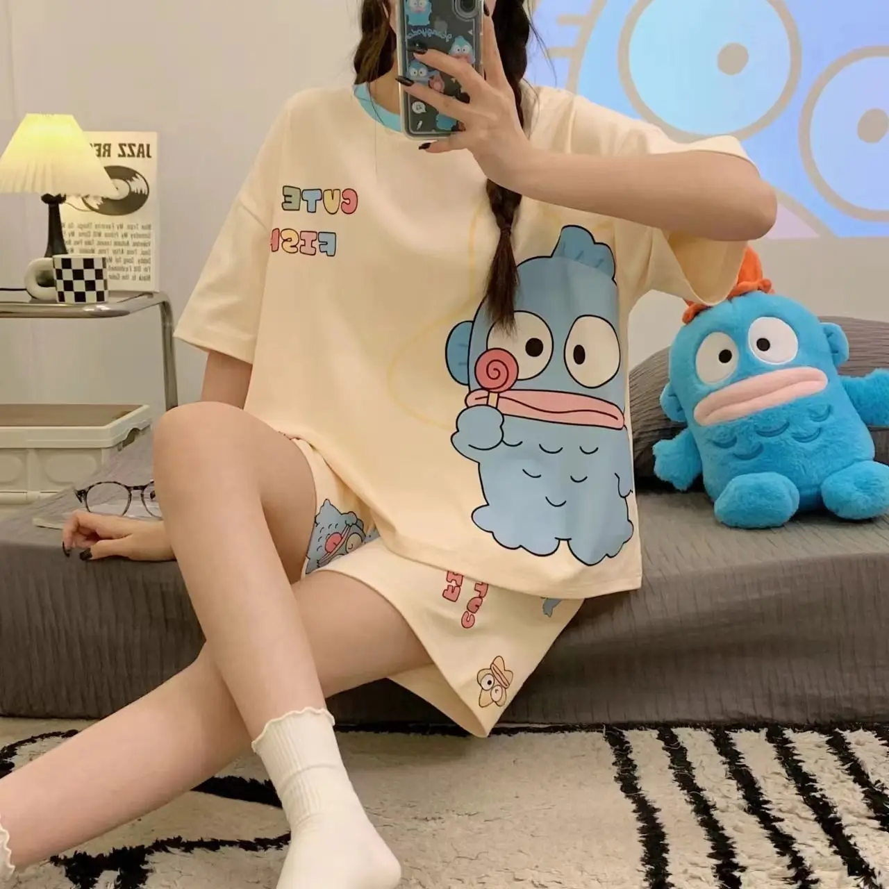 

Sanrio Hangyodon Y2K Nightwear for Woman Kawaii Cartoon Summer Sleepwear Shorts Short Sleeve Pajamas Student Home Suit New Style