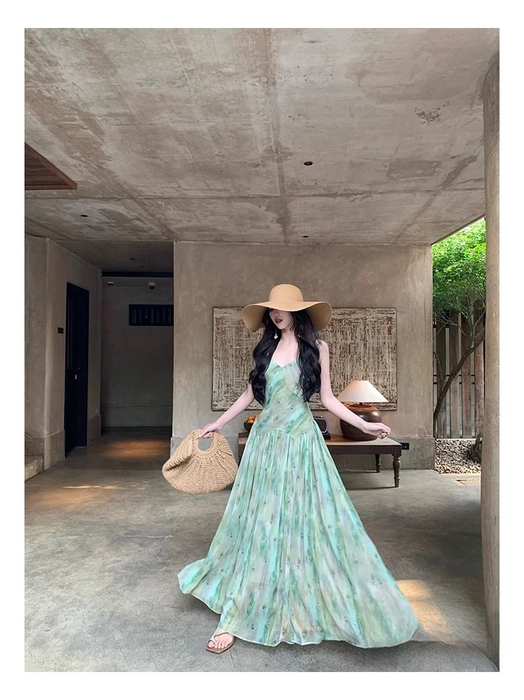 Elegancka długa sukienka maxi w kwiaty dla kobiet bez rękawów z wysoką talią sukienka w kształcie litery A letni strój Boho Chic na wakacje na plaży