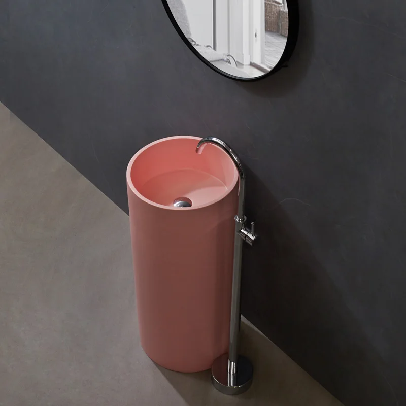 

Nordic Pink Column Basin Artificial Stone Integrated Floor Washbasin Washbasin Morandi Series