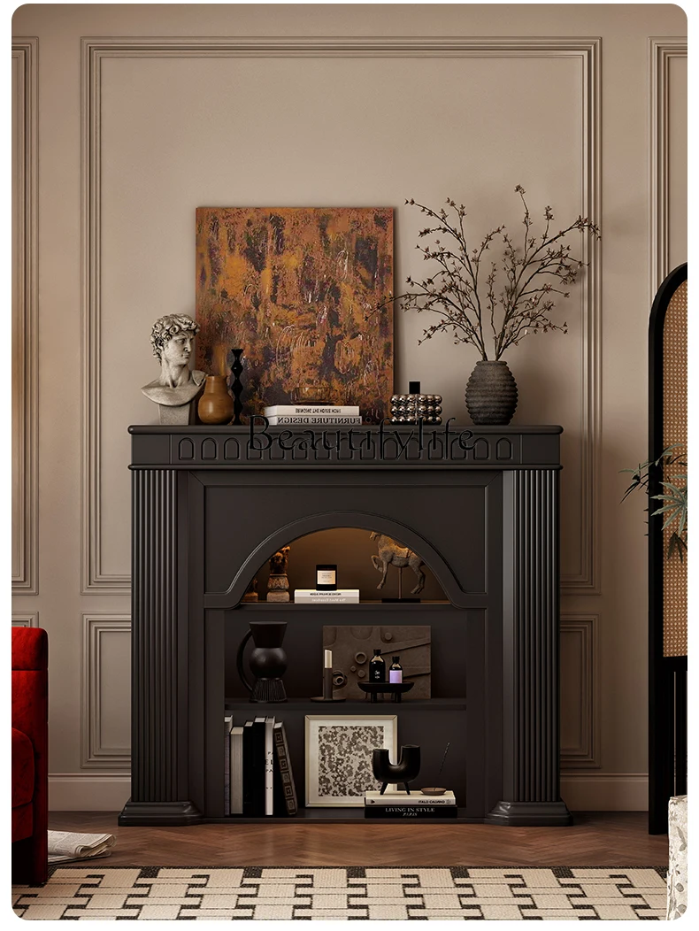 

French Retro Fireplace Cabinet Living Room Middle Ancient Entrance Cabinet Solid Wood American Black Curio Cabinet