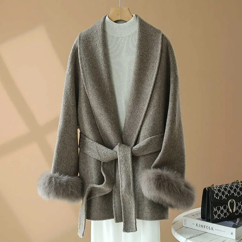 Double-sided Real Wool Coat Female 2024 Fall and Winter New Loose Korean Tie Detachable Fox Hair Full Wool Tweed Jacket JT474