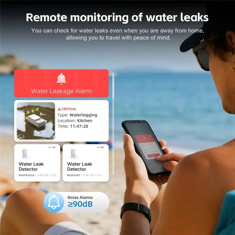 B29C-Smart Home Wifi Water Leak Sensor Tuya 90Db Leak Alarm Dual-Sided Water Level Detection Remote Monitoring System