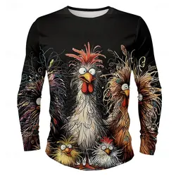 Funny 3D Chicken Print Men's Long Sleeve T-shirt New Autumn Oversized Pullover Hip Hop Punk Clothing Casual Fashion Top