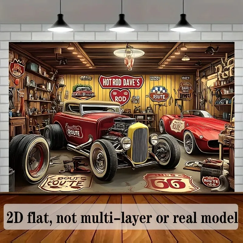 

Vintage 1950s Hot Rod Car Tapestry 2D Flat Printed Peach Skin Wall Hanging Americana Garage Decor Man Cave Background Cloth