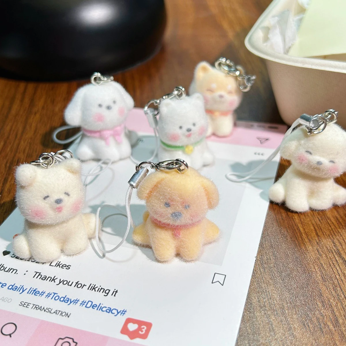 Cute Mini Three-dimensional Small Animal Flocking Resin Puppy Doll Pendant Creative Bag Mobile Phone Hanging DIY Accessories