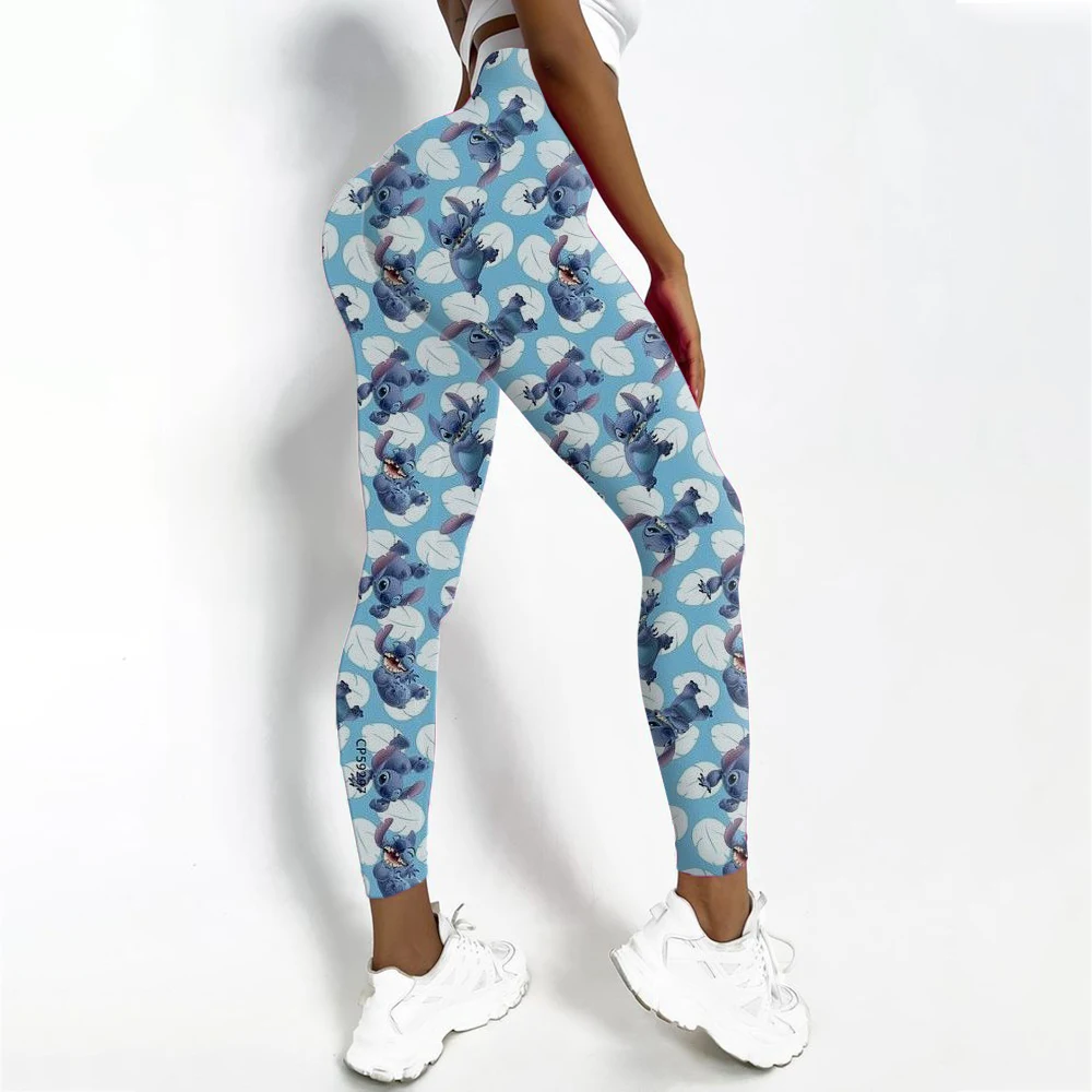 Disney Stitch พิมพ์ Checkered สตรีกีฬาและฟิตเนสกางเกงขายาวผู้หญิง Tiedye GYM Leggings Mujer Push Up Booty กางเกงฟิตเนส