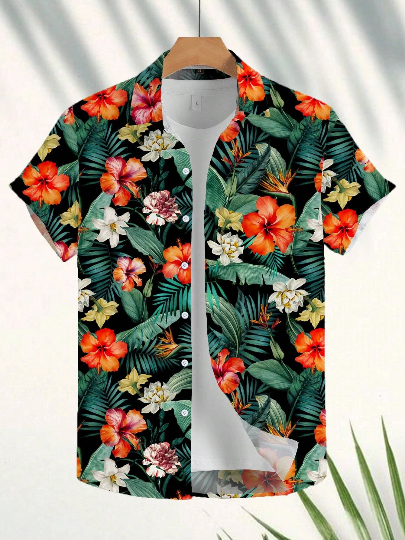 Coconut Tree Fresh Flower Pattern Men's Short-sleeved Button Lapel Shirt Summer Seaside Beach Vacation Hawaiian Style Shirt