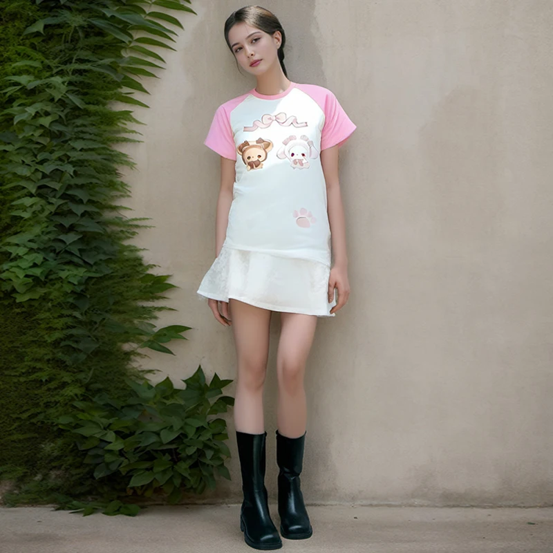 Y2k femmes vêtements lapin mignon rose Kawaii T-shirt Patchwork à manches courtes hauts 2024 ample Harajuku sous-culture Chic doux t-shirts