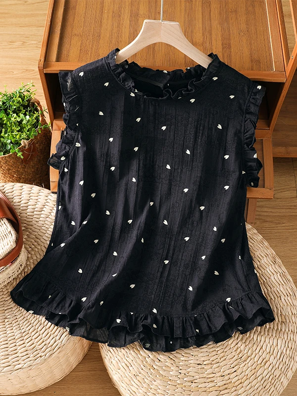 French Style Wooden Collar Sleeveless Floral Print Shirt Women's Summer Top Straight Cut Daily Wear Button Back Closure