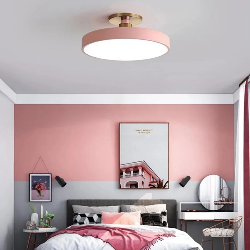 Nordic LED Ceiling Light Modern Macaron Circular Remote Dimming Chandelier Living Room Bedroom Study Interior Decoration Light