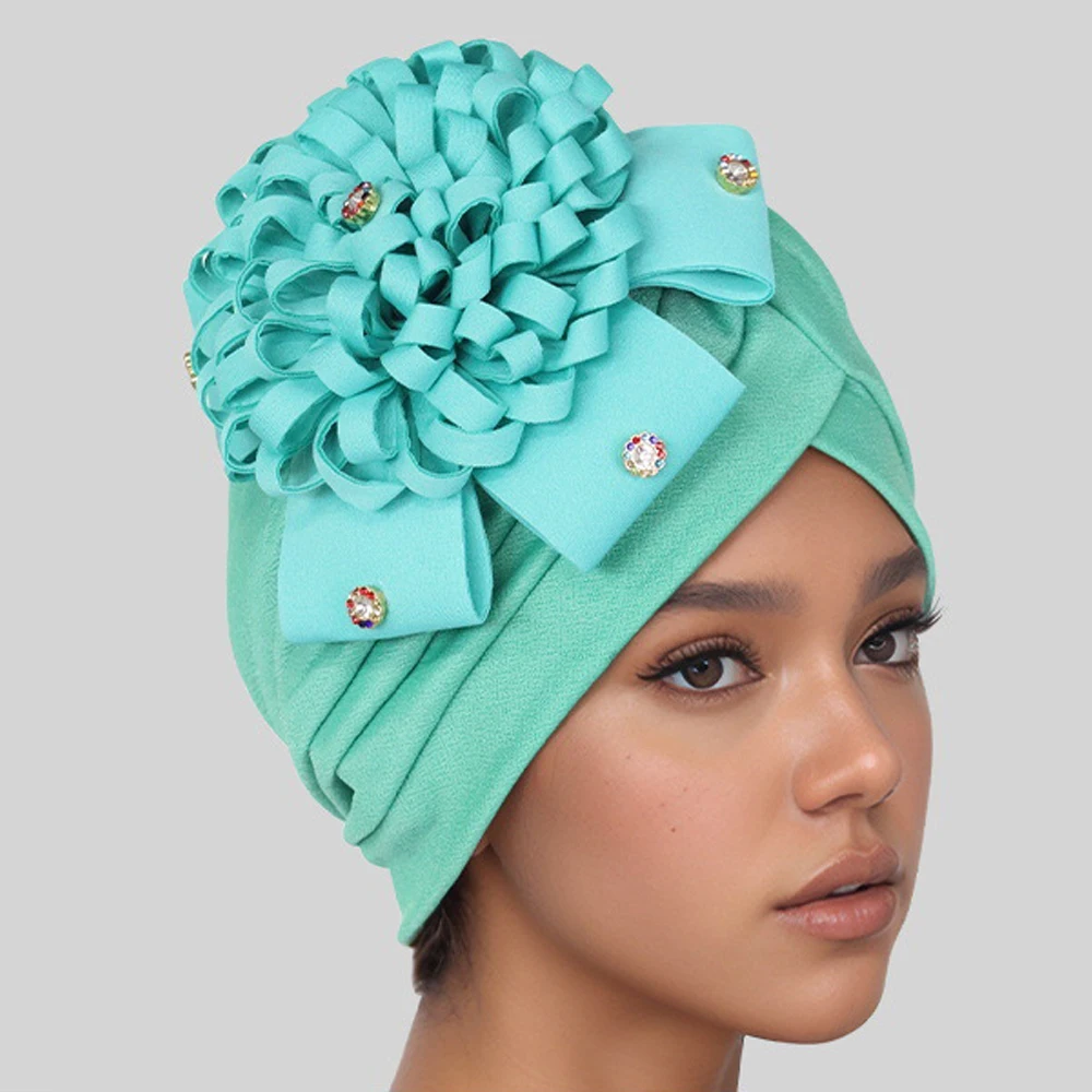 

Flower Indian Hat Diamonds Headscarf Women Chemo Cap Muslim Hijab Beanie Bonnet Pleated Hair Loss Head Wrap African Turbante New