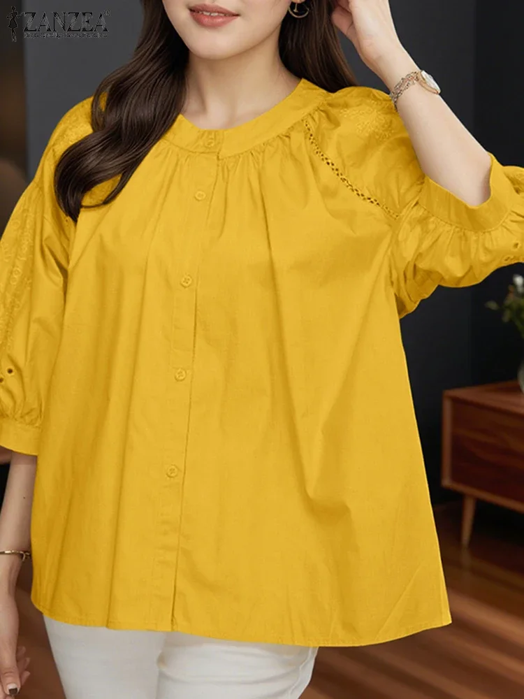 Vintage Lace Shirts Women Elegant OL Work Tunic Fashion Three Quarter Hollow Out Blusas 2025 ZANZEA Casual Loose O Neck Tops