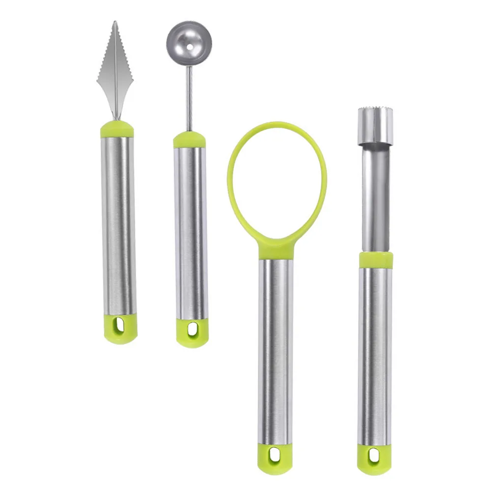 4Pcs Fruit Ball Picker Stainless Steel Kitchen Gadget Portable Tool Green Color Melon Digger Set Carving