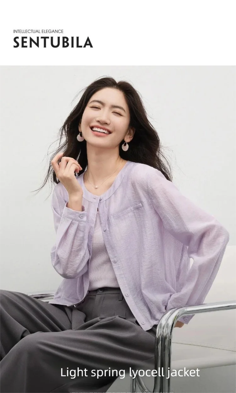 SENTUBILA Damen Oversize Lyocell Hemd 2026 Frühling Sommer Rundhals Langarm mit Kordelzug Transparentes Lässiges Oberteil 161WB5014 – Detail 3