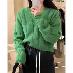 Autumn Winter Women's Clothing Solid Color V-Neck Pullover Lantern Long Sleeve Sweater Knitted Casual Elegant Screw Thread Tops