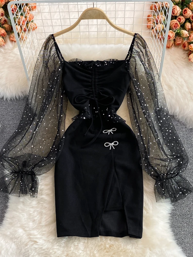 Women's Evening Dress Vintage Black Gothic Long Sleeve Square Collar Mesh Luxury Dresses Y2k One Piece Frocks Emo 2000s Clothes
