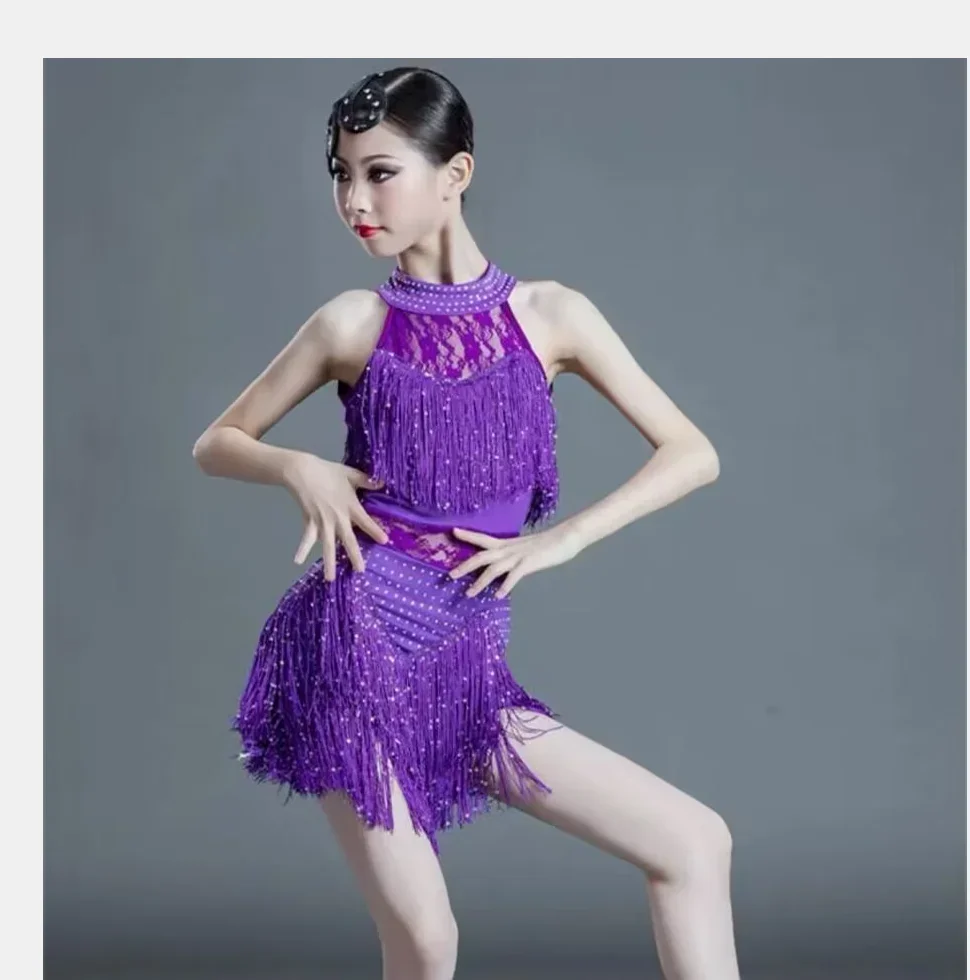 

1pcs/lot children lace sequin tassel latin dancing dress girl sleeveless cha cha dancing dress
