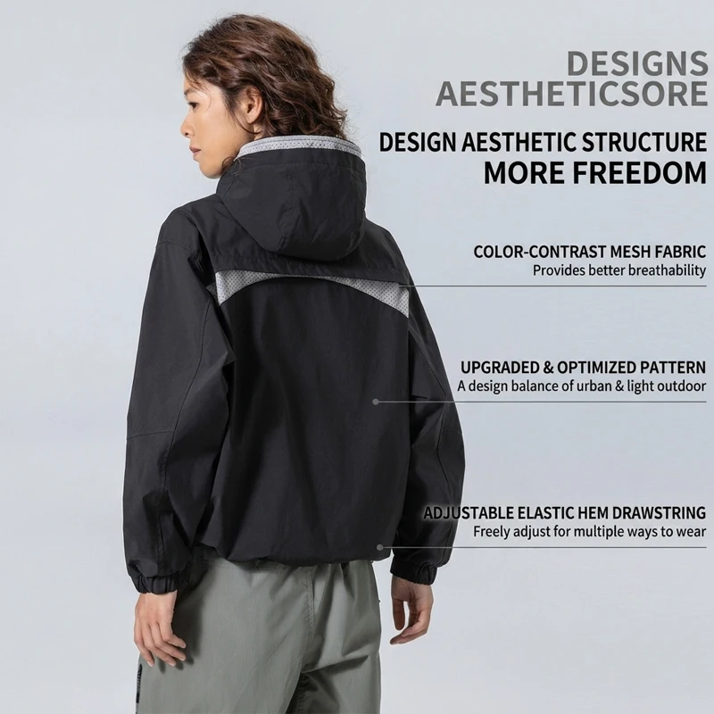Unisex Wasserdichte Kapuzenjacke – Atmungsaktiv & Winddicht, Urban-Light Outdoor-Design mit Verstellbarem Saum für Wandern und Trekking – Detail 5