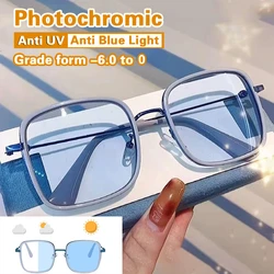 Square Photochromic Myopia Glasses Women Men Fashion Large Square Frame Nearsighted Eyewear Anti Blue Light Eyeglasses 0 To -6.0