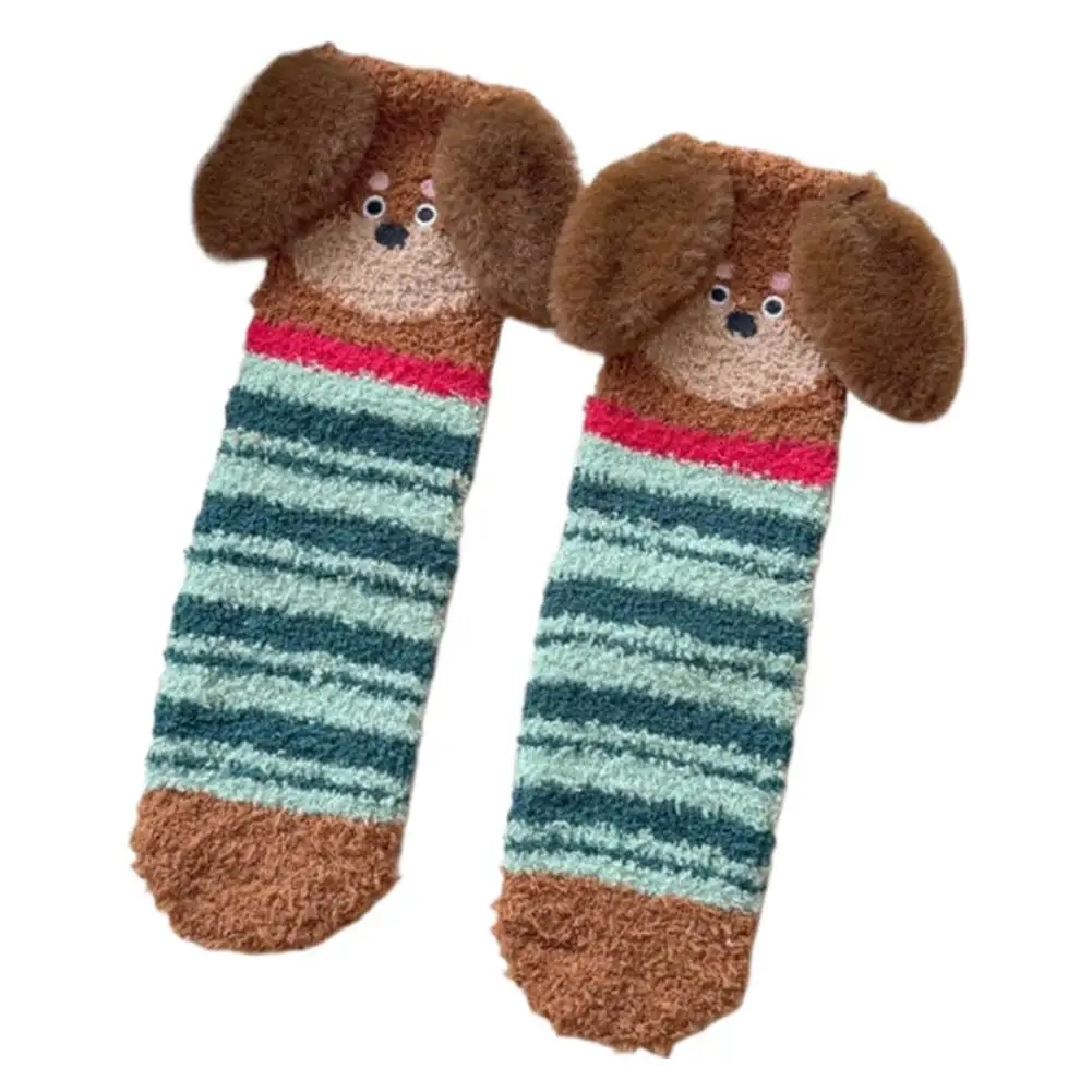 Calcetines para dormir con orejas de perro en 3D de dibujos animados, calcetines de lana Coral, calcetines informales para mujer, calcetines gruesos para el suelo, calcetines divertidos y esponjosos