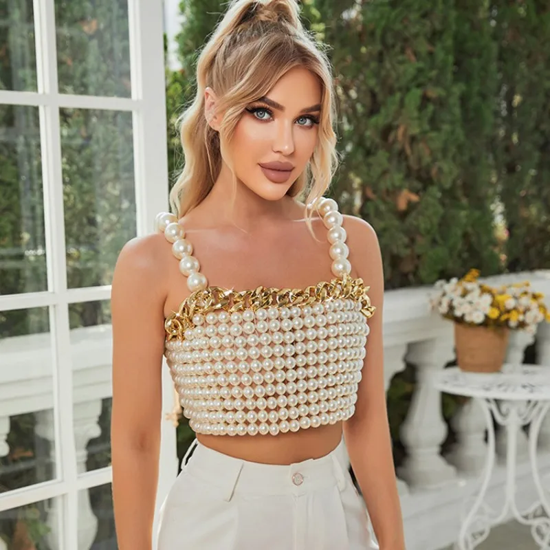 

European And American Fashion Totally Hand-made Beaded Bra Chain Large Pearl Suspender Vest Luxurious Party Catwalk Female Tide