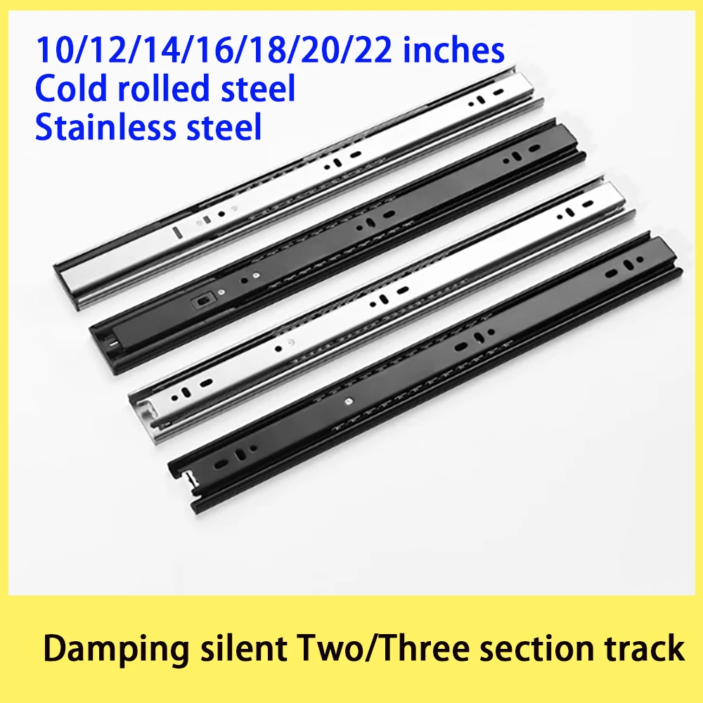 2Pcs Cold-Rolled Steel/SS Drawer Rail 10-22 Inch Slide Rail Two/Three Section Cabinet Slide Rail Hardware For Closing Drawers