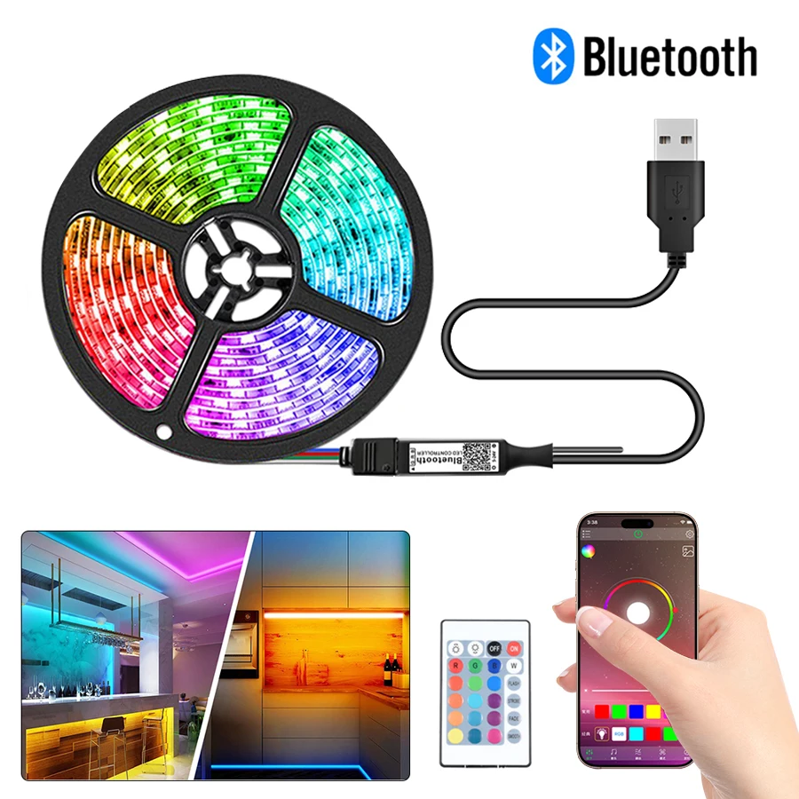 

Светодиодные ленты 5 В с управлением через Bluetooth ИК-пульт дистанционного управления SMD5050 Гибкая светодиодная лента 30/60 светодиодов/M RGB Лента Декор комнаты Подсветка
