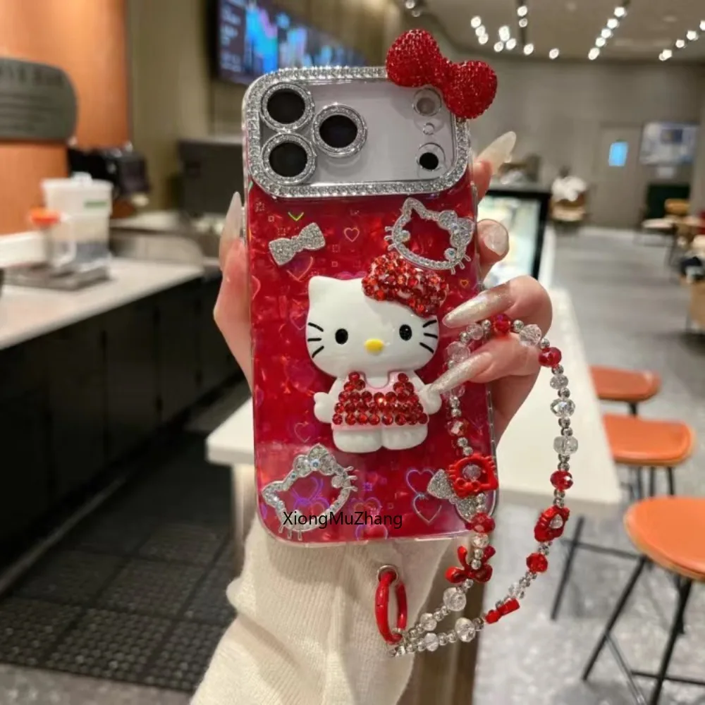 Luxuriöse 3D-Diamant-Sanrio-Hello-Kitty-Handyhülle für iPhone 17 18 Pro 11 12 13 14 15 Plus 16 Pro Max Funda mit Kette, Niedliche Hülle – Detail 1